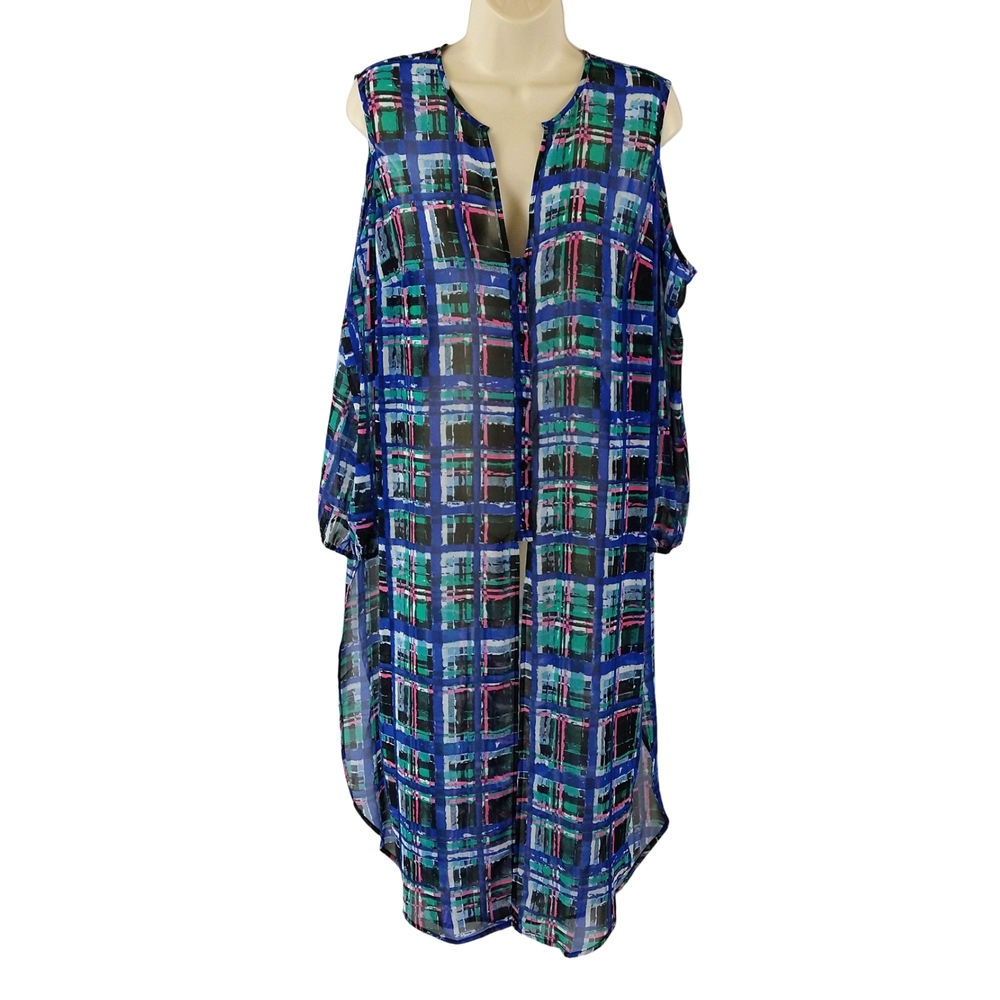 I Love Ronson Plaid Blue and Green Cold Shoulder Swim Coverup Duster Tunic Top